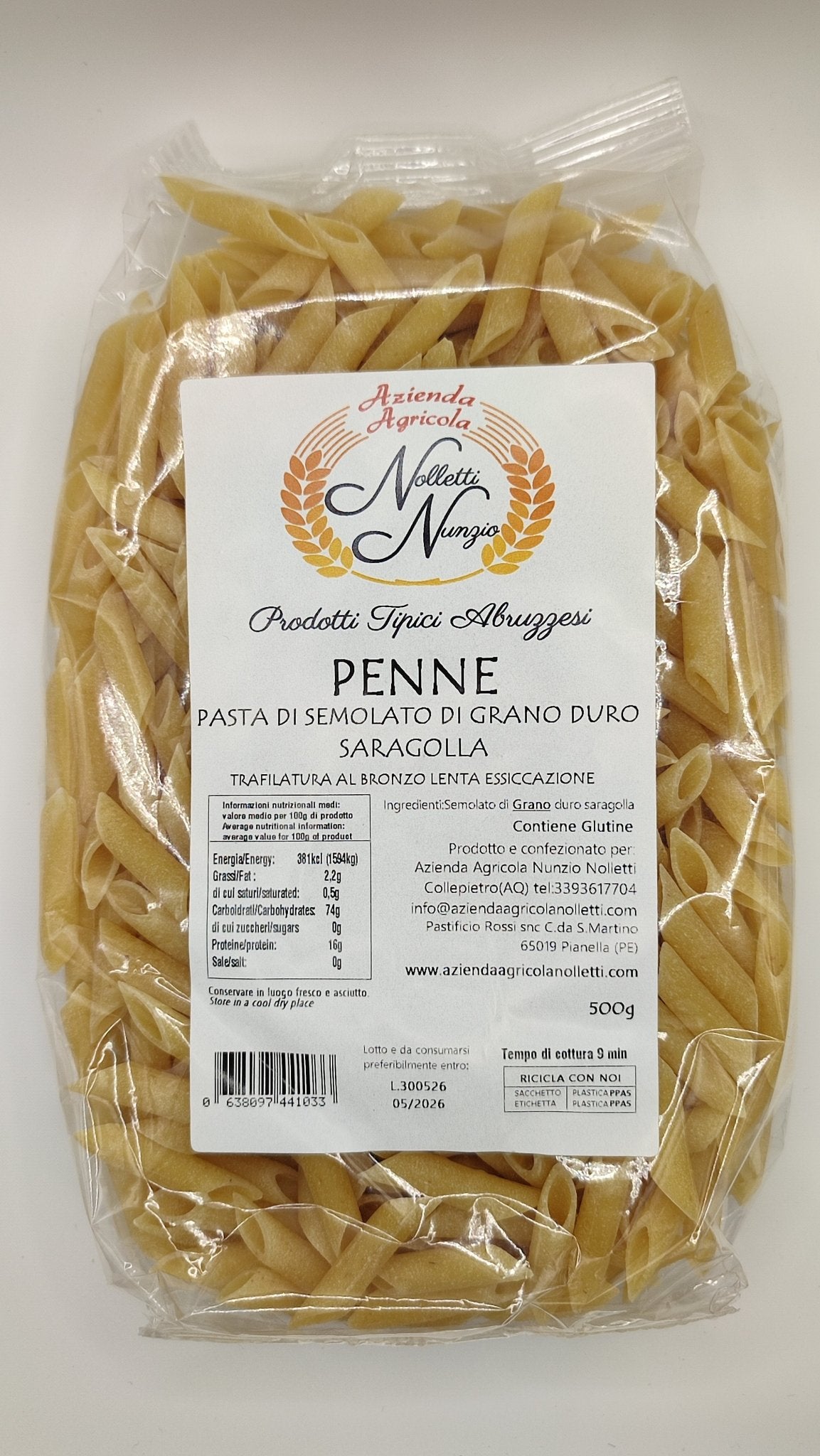 Penne di Grano duro Saragolla 500g - Shop Azienda Agricola Nunzio Nolletti