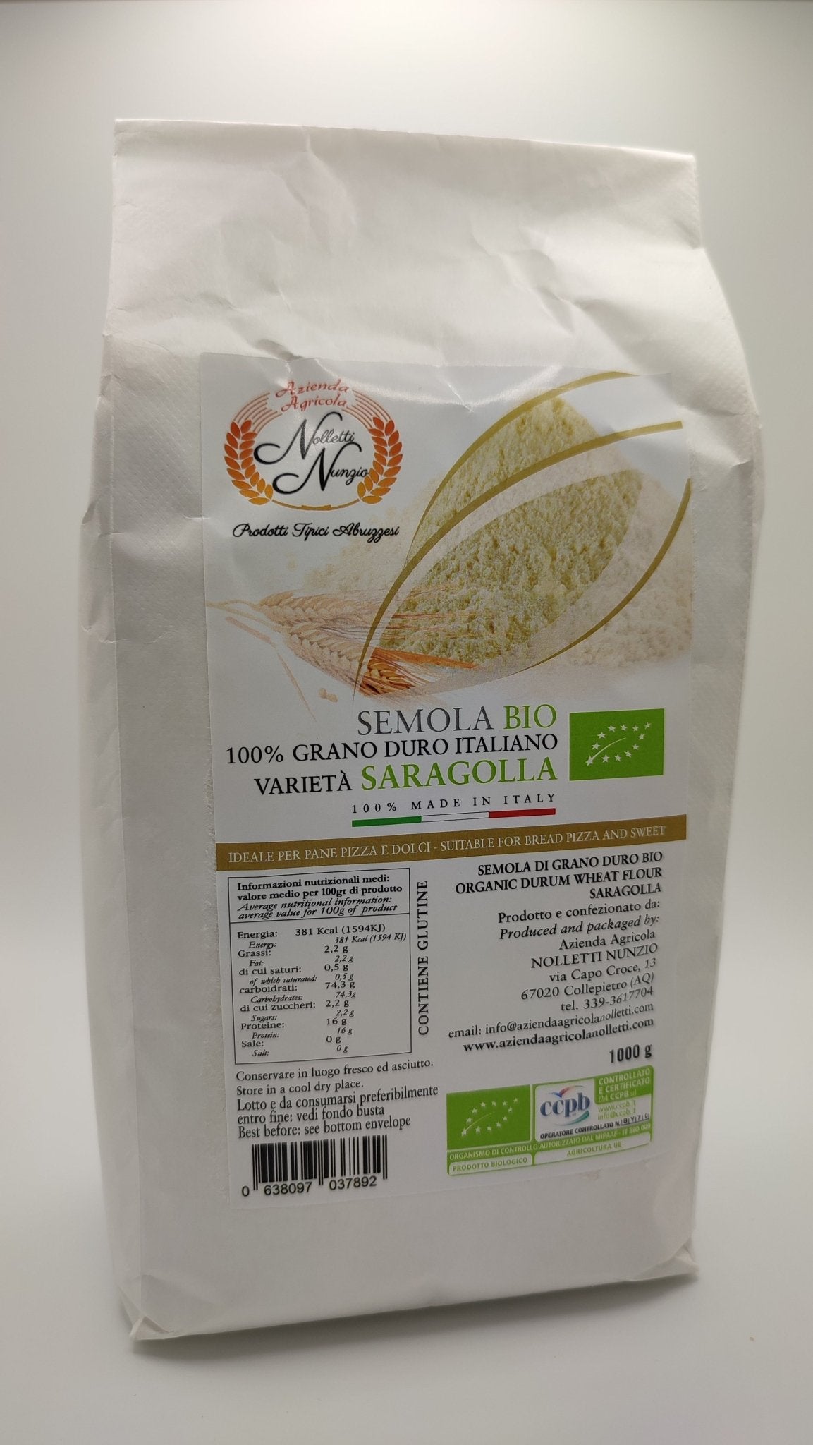 Semola di Grano duro Saragolla BIO. 1kg - Shop Azienda Agricola Nunzio Nolletti